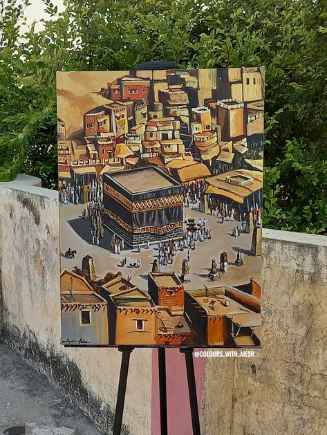 Acrylic paint on canvas- colours with aiesh- painting mosque Mosque Painting Acrylic, Makka Sharif, Kabah Painting, Islamic Culture Art, Calligraphy Wallpaper, Food Art Painting, Art Assignments, Islamic Art Canvas, Calligraphy Artwork