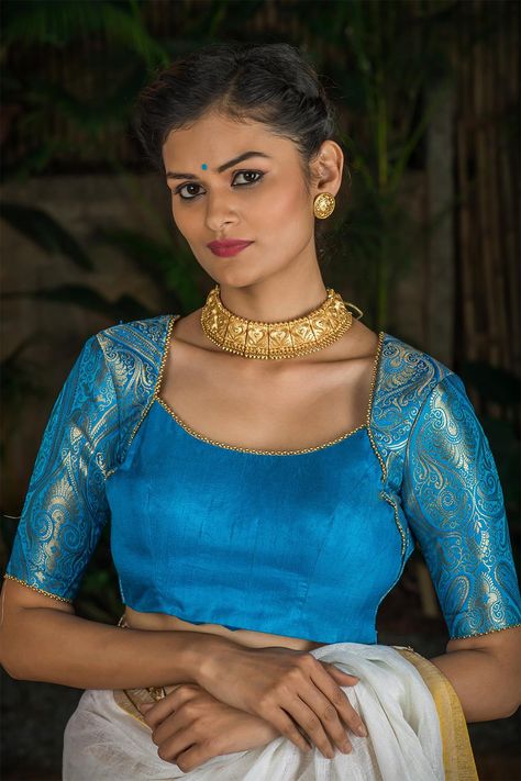 Jacard Blouse Designs, Bead Edging, Sky Blue Blouse, Readymade Blouse Online Shopping, Brocade Blouse Designs, Readymade Blouses Online, House Of Blouse, Deep Sky Blue, Brocade Blouse