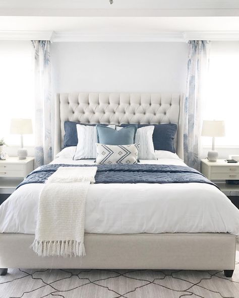 Kelly Hartley | Hartley Home | on Instagram: “I was busy today installing this bedroom I've been working on. We went from dark and ornate to light, bright and crisp. 😍 Bonus- my client…” Coastal Bedroom Decorating, Blue Bedroom Decor, Coastal Bedroom, Blue Pillow, Blue Bedroom, Remodel Bedroom, Master Bedrooms Decor, Main Bedroom, White Bedroom