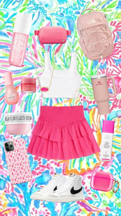 Preppy summer fit🌊🩷 Preppy Pool Outfit, Preppy Pink Summer Tops, Preppy Summer Mini Skirt, Preppy Exercise Outfits, Pink Preppy Summer Shirt, Preppy Summer Outfits, Preppy Summer, Preppy Outfits, Outfits For Teens