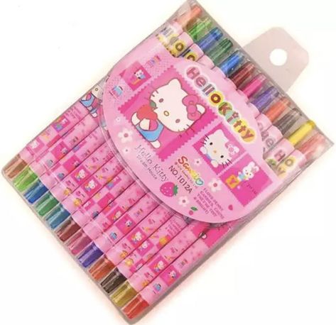 Cartoon School Supplies, Hello Kitty Pen, Twistable Crayons, Pink Crayon, Luxury Birthday Gifts, Crayon Painting, Cute School Stationary, Kitty Cartoon, Pretty Journals