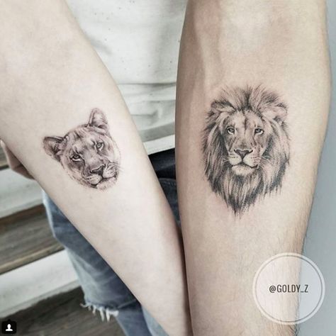 Con tu BFF, tu pareja... Lion And Lioness Tattoo, Lioness Tattoo, Queen Tattoo, Leo Tattoos, Matching Couple Tattoos, Neck Tattoos, Celtic Tattoos, King And Queen, Skull Tattoos