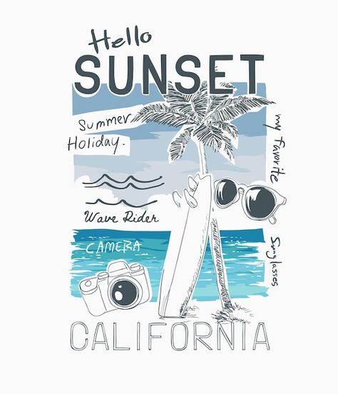 Vector hello sunset slogan with hand dra... | Premium Vector #Freepik #vector Diani Beach, Free T Shirt Design, Beach Illustration, Shirt Logo Design, Trendy Shirt Designs, Tshirt Design Inspiration, Beach Background, Africa Art, Boys Summer Outfits