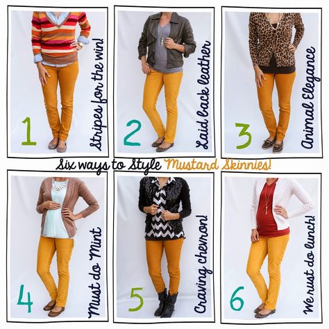 Tutor My Style: Six Ways to Style mustard skinnies/pants! Yellow Pants Outfit, Mustard Yellow Pants, Cognac Flats, Mustard Pants, Neutral Shirt, Polka Dot Cardigan, Leopard Print Flats, Yellow Pants, Love Shirt