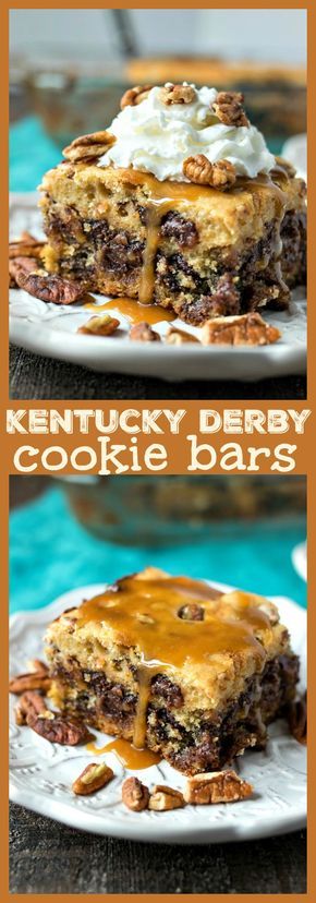 Kentucky Derby Cookie Bars – You haven’t had derby pie like this – a chocolate chip cookie crust is topped with a Derby Pie filling made with pecans, chocolate chips, and a hint of bourbon. Oh and don’t forget to top them with gooey homemade bourbon caramel sauce! #kentuckyderby #derby #chocolate #recipe #dessert #bourbon #caramel #bars Derby Pie Bars, Kentucky Derby Cookies, Derby Pie Recipe, Chocolate Chip Cookie Crust, Kentucky Derby Food, Homemade Bourbon, Derby Recipe, Bourbon Caramel Sauce, Kentucky Derby Pie