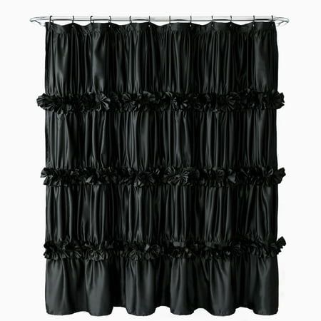 This HIG cloth fabric shower curtain gives a romantic look to your bathroom. The bath shower curtain with delicate handcrafted butterfly flowers, 12 rust-free eyelets on the top allow for easy installation. Also it can be used as shower curtain, window curtain, cloakroom curtain, door curtain, backdrop for live streaming and etc. The curtain is made of high quality brushed microfiber fabric, machine washable and dry quickly - machine wash cold, gentle cycle, no bleach and tumble dry low. Size: 72" x 72".  Color: Black. Ruffle Shower Curtain, Gothic Bathroom, Ruffle Shower Curtains, Black Bathroom Decor, Halloween Bathroom, Black Shower Curtains, Stall Shower Curtain, Fancy Flowers, Flower Shower Curtain