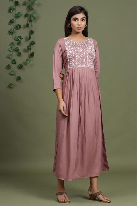 Floor-length Resham Embroidery Kurta For Summer, Pink Resham Embroidery Kurta For Transitional Season, Plain Kurti Embroidery Designs, Angrakha Style Kurti Embroidery, Floor-length Semi-stitched Resham Embroidery Kurta, Long Frocks For Women, Beautiful Casual Dresses, Stylish Tops For Women, Baby Girl Dress Design