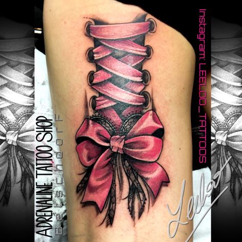 Tattoo uploaded by Leeloo • #lace #corset #corsage #sexytattoo #colortattoo #pinktattoo • Tattoodo Lace Corset Tattoo, Corset Tattoos For Women, Lace Thigh Tattoos, Corset Tattoo, Bow Tattoo Designs, Infinity Tattoo Designs, Pink Tattoo, Bow Tattoo, Thigh Tattoos