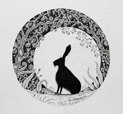 Moon Gazing Hare Tattoo, Hare Tattoo, Hare Pictures, Moon Gazing Hare, Moon Gazing, Moon Gazing Hares, Rabbit Jewelry, Rabbit Tattoos, Pen Illustration