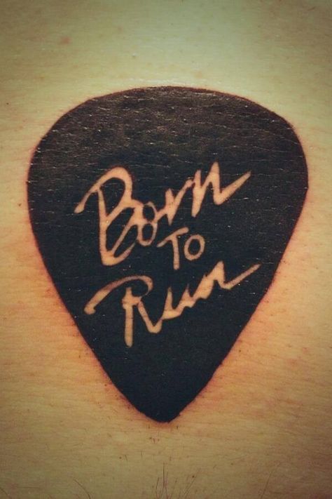 Born To Run guitar pick Rocker Tattoos For Women, Born To Run Tattoo, Guitar Pick Tattoo, Bruce Springsteen Tattoo, Springsteen Tattoo, Running Tattoos, Let It Be Tattoo, Black Crow Tattoos, Cool Guitar Picks