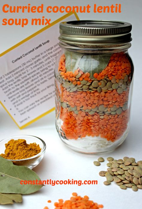 Curried Coconut Lentil Soup Mix | Constantly Cooking Salted Caramel Pretzel Bark, Caramel Pretzel Bark, Edible Gift Ideas, Curry Lentil Soup, Mason Jar Soup, Thai Curry Soup, Coconut Lentil Soup, Soup Gifts, Pretzel Bark