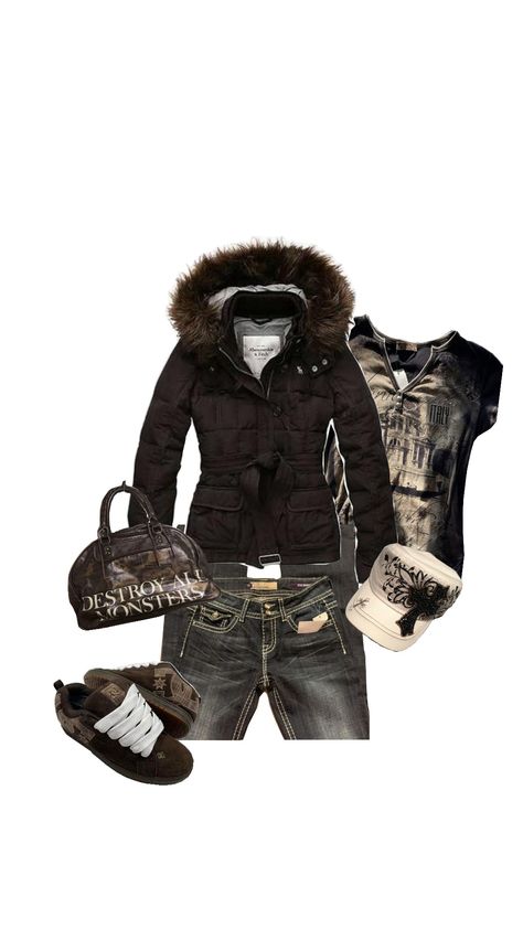 #dc #fitinspo #2000s #brown #fashion Winter 00s Outfits, Vintage 2000s Outfits, 2000s Fashion Outfits Winter, Collage Outfit Ideas, 2000s Fashion Winter, 2000s Winter, Mcbling Fashion, Lesbian Outfits, Collage Outfits