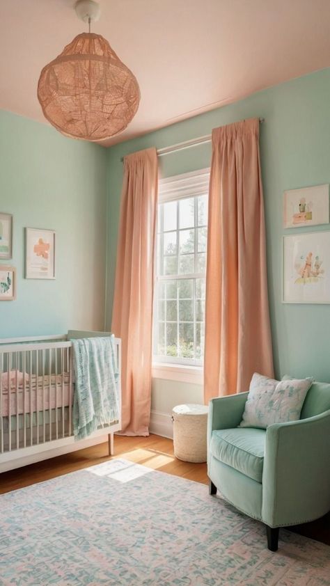 Blue And Peach Living Room, Coral Pink Nursery, Peach Baby Nursery, Peach Living Rooms, Summer 2024 Color, Teal Nursery, Nursery Color Scheme, Mint Nursery, Baby Nursery Inspiration