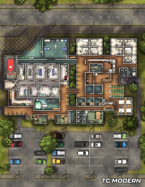 Hospital Wing - Free Version | Patreon D20 Modern Maps, Hospital Rpg Map, Hospital Floor Plan, Hospital Surgery, D20 Modern, Pathfinder Maps, Modern Hospital, Village Map, Cyberpunk Rpg