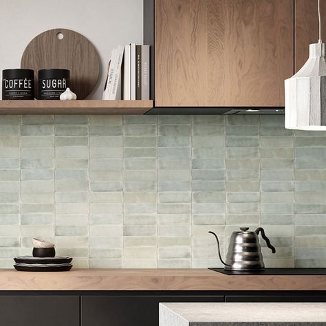 Tint Sea Glass Matt 5.2x16 Light Green Tile Kitchen, Sage Green Kitchen Backsplash Ideas, Sage Green Kitchen Tiles, White Kitchen Green Backsplash, Kitchen Splashback Ideas Tiles, Green Subway Tile Kitchen, Sage Green Backsplash, Green Tiles Kitchen, Tiled Splashback Kitchen