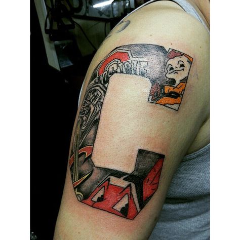 This large block C tattoo is perfect for the diehard Ohio sports fan. The colored tat features every major Cleveland sports team, a shout-out to the reigning national champions and a depiction of one of the Guardians of Traffic (Photo courtesy of Instagram user @inked_familia). Cleveland Tattoo, Logan Tattoo, Ohio Tattoo, Sport Tattoos, Browning Tattoo, Half Sleeve Tattoos Drawings, King Tattoos, C Tattoo, Egyptian Tattoo