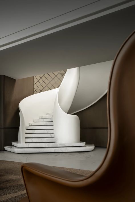 Loft Style Interior, Spiral Stair, Futuristic House, Circular Stairs, Hotel Concept, Stairway Design, Staircase Railings, Spiral Stairs, Curved Staircase