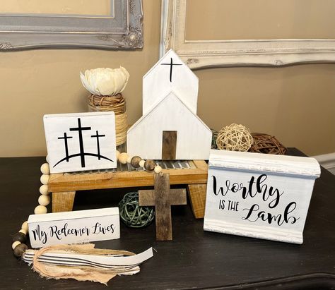 Cute Diy Beach Decor, Easter Signs Christian, Easter Wooden Decor, Easter Blocks Wood, Easter Tiered Tray Decor Diy, Lamb Easter Decor, Easter Decor Christian, Easter Christian Decor, Easter Christian Crafts