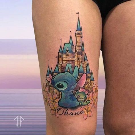 Tattoo With Kids Names, Disney Stitch Tattoo, Disney Inspired Tattoos, Yantra Tattoo, Monza Italy, Father Daughter Tattoos, Kid Name Tattoo, Castle Tattoo, Stitch Tattoo