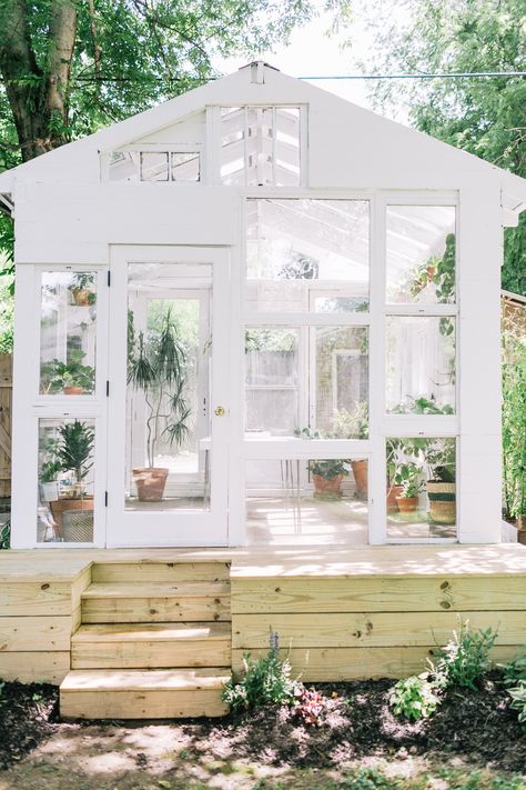 Bird Proof Vegetable Garden, Greenhouse Landscape Ideas, Greenhouse On Platform, Greenhouse Of Windows, Greenhouse Vintage Windows, White Greenhouse Ideas, Four Season Greenhouse, Turn A Shed Into A Greenhouse, Fyi Greenhouse