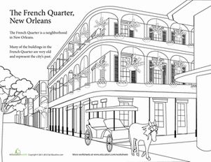 First Grade Places Worksheets: Summer Vacation Coloring: The French Quarter Mardi Gras Activities, Chicago Landmarks, Art Passion, The Big Easy, New Orleans Travel, The French Quarter, Hollywood Sign, Travel Sketches, French Lessons