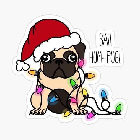 Get my art printed on awesome products. Support me at Redbubble #RBandME: https://www.redbubble.com/i/sticker/BAH-HUM-PUG-GRUMPY-CHRISTMAS-PUG-DOG-SANTA-HAT-WITH-FAIRY-LIGHTS-RED-DESIGN-by-emmadawndesigns/54234878.EJUG5?asc=u Dog Santa Hat, Christmas Pug, Pug Christmas, Lights Design, Pug Art, Christmas Rock, Cute Pugs, Diy Christmas Cards, Pug Love