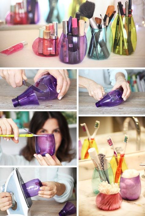 These colorful Method bottles make great makeup storage. | 33 Impossibly Cute DIYs You Can Make With Things From Your Recycling Bin Diy Makeup Organizer, Penyimpanan Makeup, Diy Rangement, Diy Makeup Storage, Makeup Organization Diy, Makeup Hacks Tutorials, Hemma Diy, Astuces Diy, Tutorial Diy