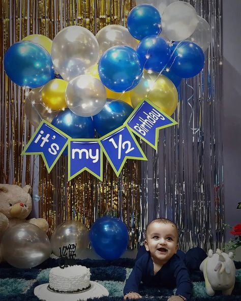 Half Birthday Decoration Ideas At Home, Six Month Birthday Decoration, Half Birthday Decoration Ideas, 6 Months Photoshoot Ideas, 6month Birthday, Annaprasana Decoration Ideas At Home, 6months Photoshoot Ideas, Mahendi Designs Simple, Baby Birthday Design