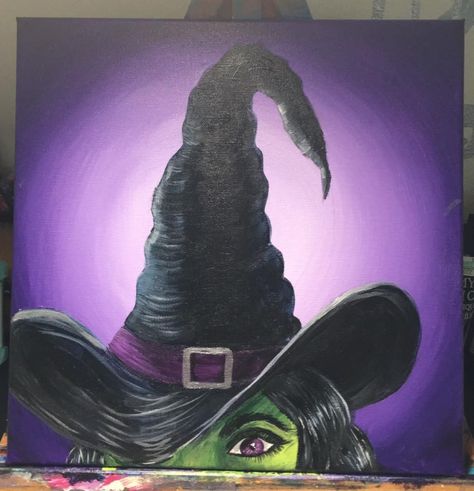 Halloween Cat Paintings On Canvas, Halloween Witch Painting Ideas, Simple Witch Painting, Witch Painting Acrylic, Spooky Paint And Sip, Halloween Art Ideas Painting, Halloween Paint Night Ideas Step By Step, Easy Witch Painting, Halloween Canvas Art Diy