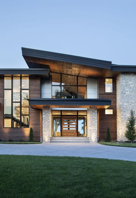 Bohns Point | Architectural Design in Wayzata, MN | David Charlez Designs Mountain Modern Home Exterior, Modern Mountain Home Exterior, Modern Industrial House, Industrial House Exterior, Mountain House Design, Mountain Contemporary Home, Contemporary Mountain Home, Rustic Architecture, Mountain Home Interiors