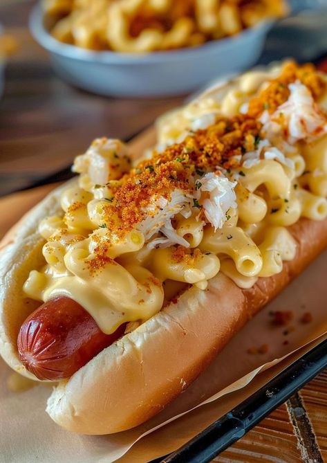 CookeryGems | 𝑪𝒓𝒂𝒃 𝑴𝒂𝒄 𝒂𝒏𝒅 𝑪𝒉𝒆𝒆𝒔𝒆 𝑯𝒐𝒕 𝑫𝒐𝒈 🌭🍤 | Facebook Mac And Cheese Hot Dog, Hot Dog Aesthetic, Octopus Hotdogs, Cheese Restaurant, Crab Mac And Cheese, Best Mac N Cheese Recipe, Chili Mac And Cheese, Gourmet Hot Dogs, Food Fest