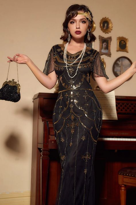 ZAPAKA Women Gatsby Dress Sequins Dark Green Long 1920s Dress with Short Sleeves