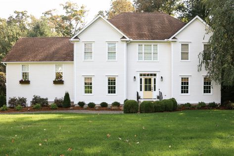 Our Front Exterior Transformation Process (Progress) — root & dwell Exterior No Shutters, Add A Front Porch, Add Front Porch, Front Porch Addition, Replacing Front Door, Garage Exterior, Porch Addition, Colonial Exterior, Exterior Paint Colors For House