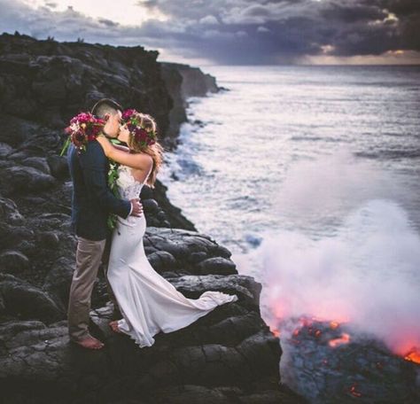 This incredible, first-of-its-kind volcano engagement is one to beat! Since Lauren and Alex Michaels met and fell in love in Hawaii, having their wedding portraits taken at an active volcano's lava fields made sense and was the perfect place for the daring couple to capture their red hot love! Wedding photography Jenna Lee Pictures. {Facebook: The Wedding Scoop} Volcano Wedding, Costa Rica Volcano, Wedding Planning Boards, Jenna Lee, Hawaii Photography, National Park Wedding, Fabulous Wedding, Photographs Ideas, Active Volcano