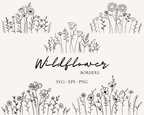 Simple Wildflowers Drawing, Wildflower Border Drawing, Wildflower Chalkboard Art, Meadow Drawing Simple, Wildflower Drawing Simple, Wildflower Logo, Wildflower Border, Field Drawing, Simple Svg