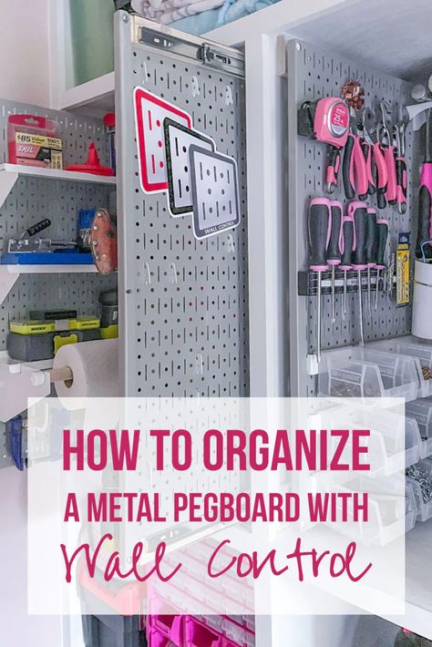 Wall Control Pegboard Ideas, How To Install Pegboard, Gaming Cabinet, Pegboard Craft Room, Peg Board Walls, Pegboard Garage, Garage Organization Tips, Power Tool Organizer, Metal Pegboard