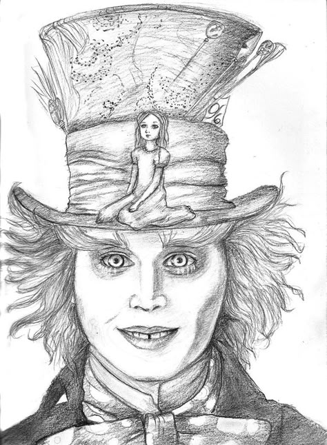 Mad Hatter Drawing, Hatter And Alice, جوني ديب, Alice In Wonderland Drawings, Disney Drawings Sketches, Wonderland Tattoo, The Mad Hatter, Disney Art Drawings, Desenho Tattoo