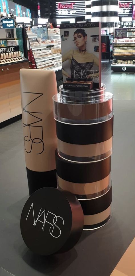 Nars makeup beauty oversize foundation and concealer visual merchandising dosing pop up display In Sephora Makeup Pop Up Store, Sephora Visual Merchandising, Beauty Visual Merchandising, Giant Makeup Props, Beauty Brand Activation, Makeup Activation, Sephora Display, Makeup Booth, Sephora Store