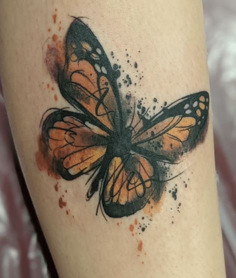 Watercolor Monarch Tattoo Yellow Butterfly Tattoo, Monarch Tattoo, Tiny Butterfly Tattoo, Realistic Butterfly Tattoo, Monarch Butterfly Tattoo, Butterfly Tattoos On Arm, Blue Butterfly Tattoo, Butterfly Tattoo Meaning, Ribbon Tattoos