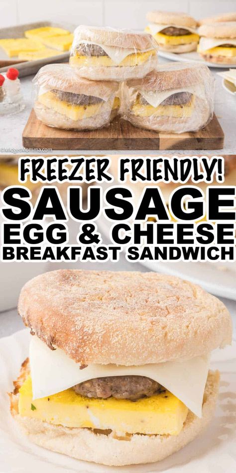 Sausage Egg and Cheese Breakfast Sandwiches are perfect for breakfast. Loaded with flavor and easy to make the kids will love starting their day with or for adults with busy mornings to enjoy. The best part about this Sausage Egg and Cheese Breakfast sandwich recipe is that you can make them ahead of time and freeze them for easy breakfasts in the morning. Make And Freeze Breakfast Sandwiches, Make A Head Breakfast Sandwiches, Premade Egg Sandwiches, Freezer Sausage Breakfast Sandwiches, Sausage Egg Mcmuffin Recipe Freezer Breakfast Sandwiches, Sausage Egg Cheese Sandwich, Egg Sandwiches To Freeze, Breakfast Sandwiches Meal Prep, Breakfast Freezer Sandwiches