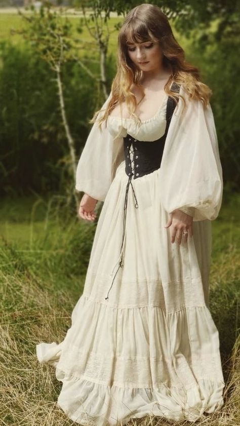 Medevil Outfits Aesthetic, Witch Dresses Medieval, Summer Dress With Corset, Fairytale Outfits Costumes, Peasant Core Outfits, Maiden Aesthetic Outfit, White Ren Faire Outfit, White Witch Outfit Aesthetic, Healer Aesthetic Outfit