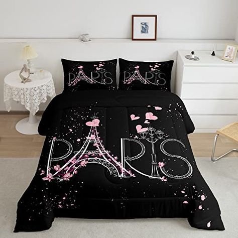 Eiffel Tower Comforter Set Chic Paris Bedding Set Romantic Theme Comforter for Boys Girls Children Teens Black Pink Bedroom Decor Modern French Style Duvet Set Twin Size with 1 Pillow Case Black Pink Bedroom, Modern French Style, Paris Bedding, Bedroom Decor Modern, Pink Bedroom Decor, Modern French, Pink Bedroom, Comforter Set, French Style