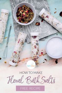 Learn how to make floral bath shots with Epsom Salts and Bath Tea! This super easy project takes just 20 minutes and would be a great gift. Bath Shots, Homemade Toiletries, Salt Free Recipes, Floral Bath Salts, Bath Diy, Crafting Gifts, Bath Bomb Ingredients, Bath Salts Diy, Valentines Box