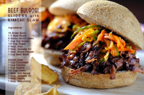 Beef Bulgogi Sliders with Kimchi Slaw Final 5 Kimchi Slaw, Super Easy Dinner, Slow Cooker Recipes Beef, Beef Sliders, Bulgogi Beef, Slaw Recipes, Slow Cooker Dinner, Fast Dinners, Bulgogi