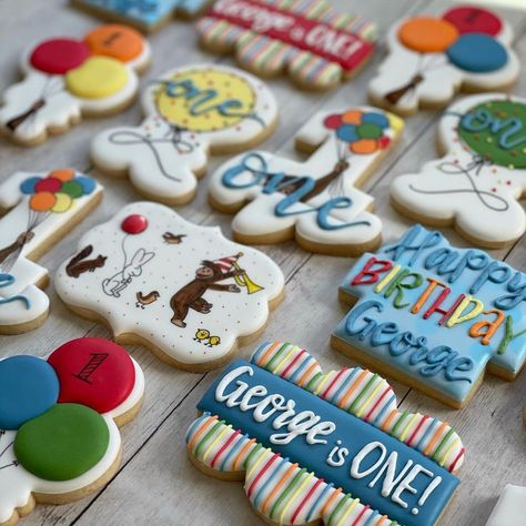 First Birthday Cookies, Curious George Cookies Curious George 1st Birthday, 1st Birthday Cookies, Curious George Birthday Party, First Birthday Cookies, Curious George Party, Curious George Birthday, Leo Birthday, Baby Boy First Birthday, First Birthday Decorations