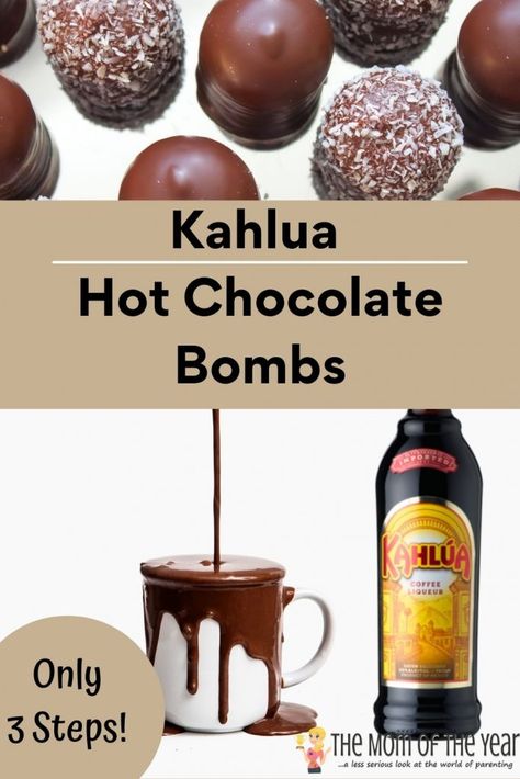 3 Step Kahlua Hot Chocolate Bombs - The Mom of the Year Boozy Cherries, Coffee Bomb, Alcoholic Hot Chocolate, Kahlua Hot Chocolate, Bomb Drinks, Boozy Hot Chocolate, Alcohol Beverages, Diy Hot Chocolate, Refreshing Beverages