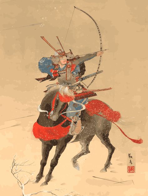 An Edo period Japanese hanging scroll painting of a samurai mounted on horseback. The colors have been digitally enhanced. Samurai Traditional Art, Edo Period Art, Japanese Ronin, Samurai Painting, Traditional Japanese Samurai, Chinese General, Samurai Drawing, Ancient Samurai, Warrior Paint