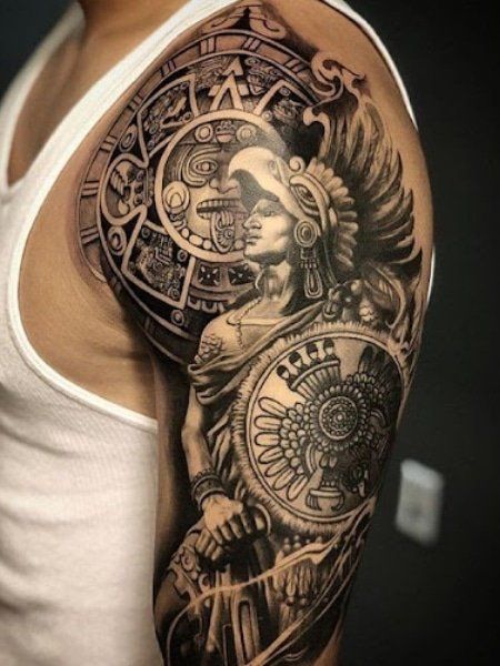 80 Popular Aztec Tattoos for Men in 2022 - The Trend Spotter Footwear For Women Wedding, Chest Tattoo Designs For Men, Aztec Warrior Tattoo, Aztec Tattoos Sleeve, Azteca Tattoo, Warrior Tattoo Sleeve, Wedding Footwear, Mayan Tattoos, Aztec Tattoos