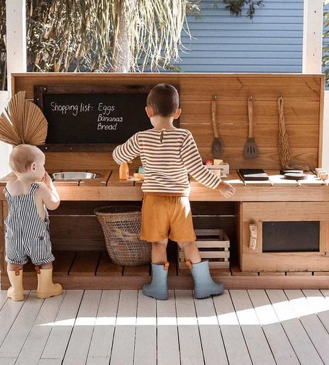 Kids' Timber Mud Kitchens & Workbenches - For Indoors & Outdoors – Castle and Cubby Mud Kitchen For Kids, Mud Kitchens, Kids Cubby Houses, Kids Cubbies, Kids Mud, Play Kitchens, Cubby House, Kids Outdoor Play, Black Barn