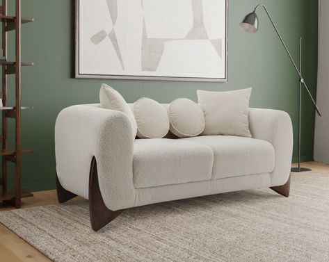 This sofa offers a modern and cozy addition to your living room. It features curly teddy boucle fabric upholstery, providing a unique and textured look.The design is contemporary and distinctive, with round, soft edges and a sleek silhouette. The textured fabric is versatile enough to blend with various decor styles without overwhelming the space. The combination of cosy upholstery and a modern silhouette ensures it stands out in any room. Wooden accents and legs enhance its appearance, making i Boucle Fabric Sofa, Mini Sofa For Bedroom, Circular Sofa, House Equipment, Mini Sofa, Foam Sofa, Soft Edges, White Upholstery, Modern Addition